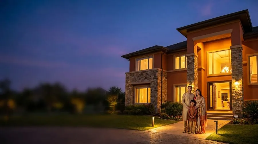 Family in front of their new home in Greater Noida
