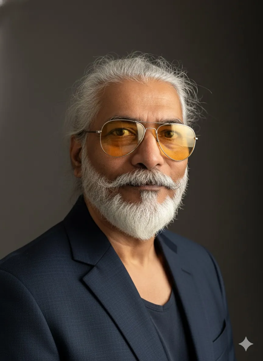 Portrait of a smiling black man with facial hair, indoors, wearing a beige blazer and white shirt.