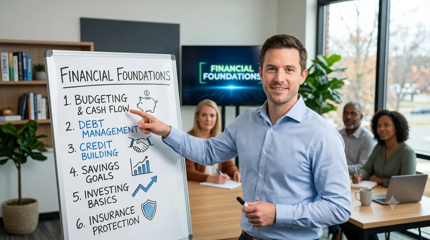 Financial Foundations course preview covering budgeting, saving, and investing basics