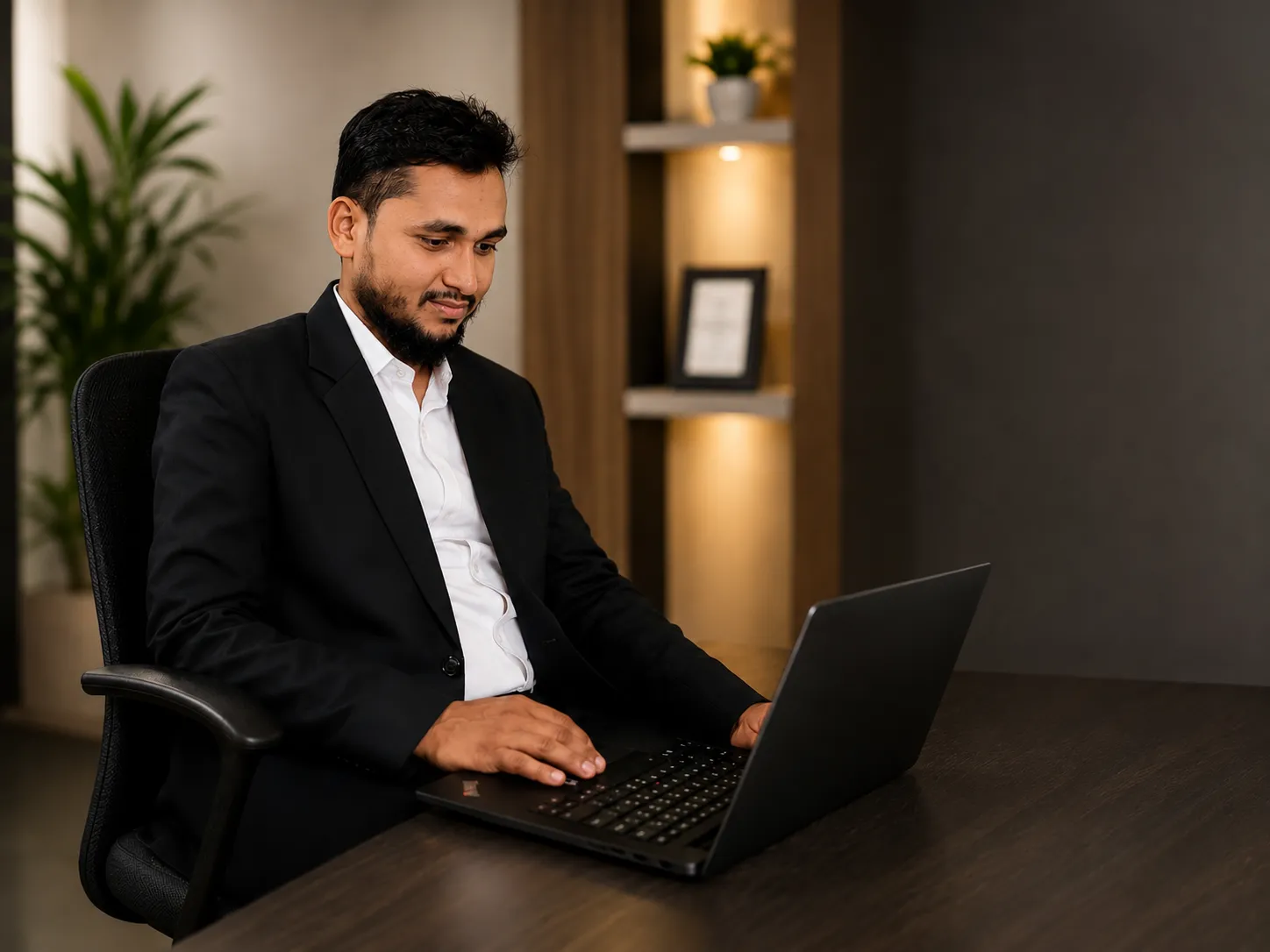 Confident businessman sitting at desk, working on computer in modern office.