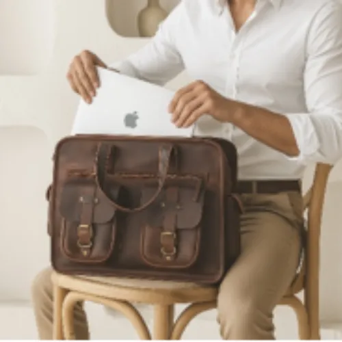 Luxury business laptop bag in fine leather with minimalist premium craftsmanship