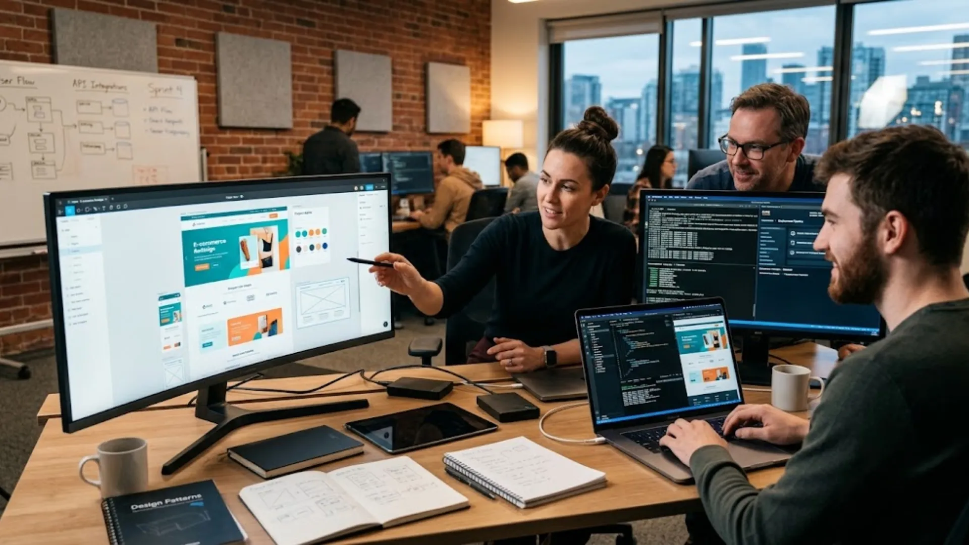 A diverse team collaborates in a modern office setting, discussing digital marketing strategies.