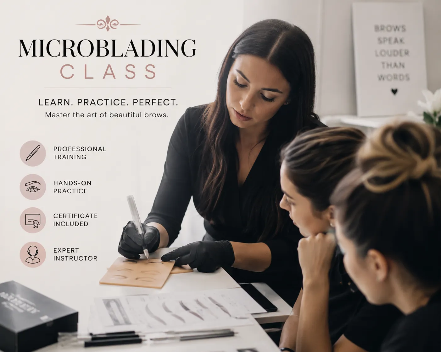 Instructor demonstrating microblading technique on a model during PMU training class