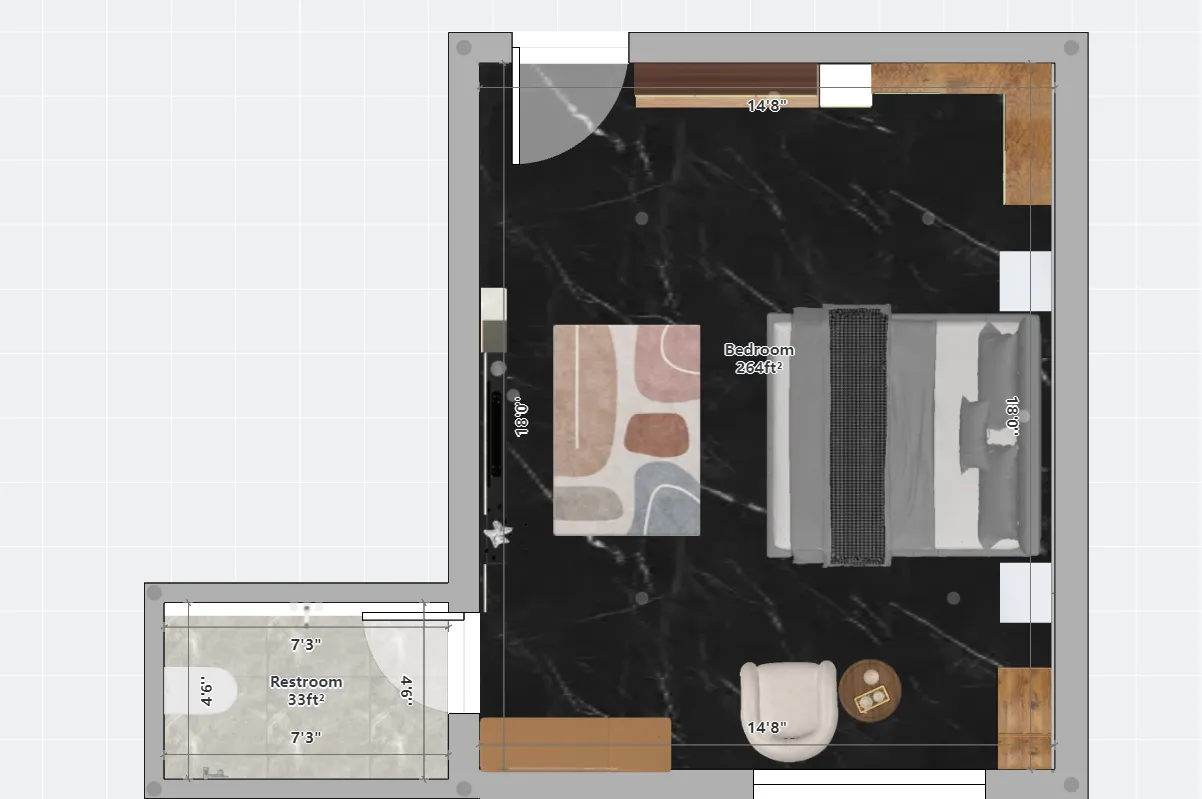 2D plan of a calm, light-first living room layout