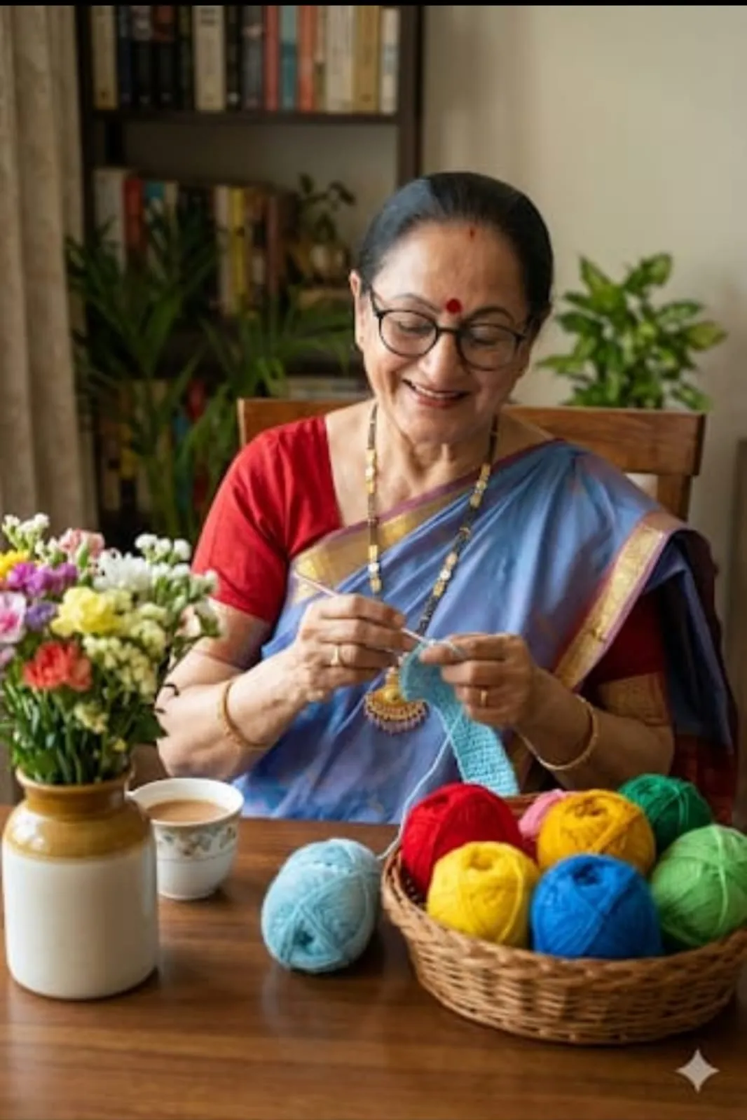Crochet coach smiling with handmade crochet items