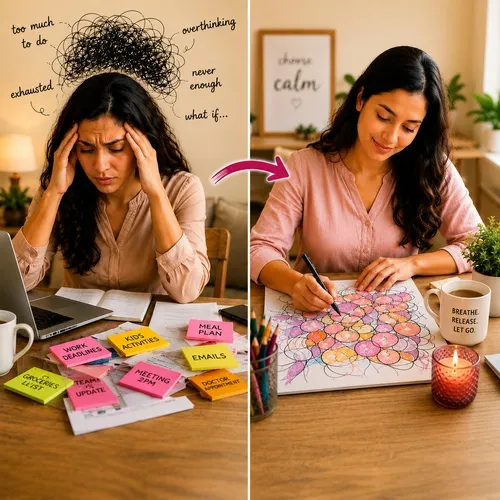 Woman settling in with tea and notebook before workshop