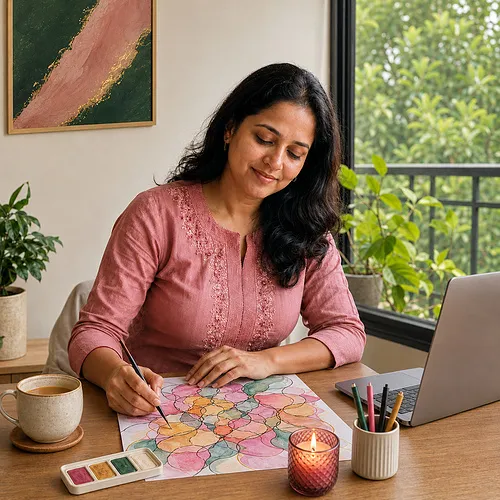 Woman settling in with tea and notebook before workshop