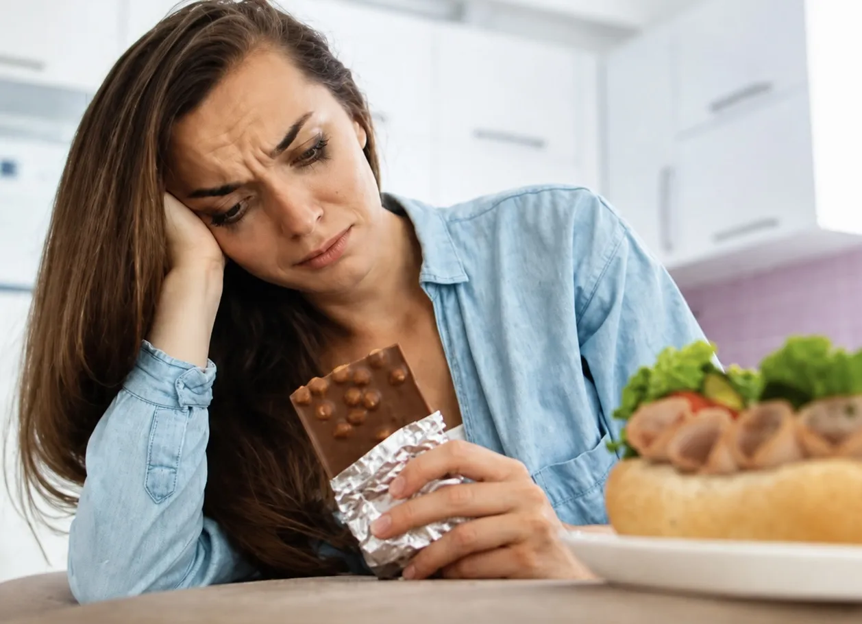 A woman feeling guilty while eating chips and chocolate