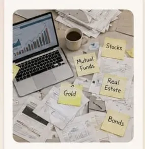 Frustrated woman with scattered investment documents