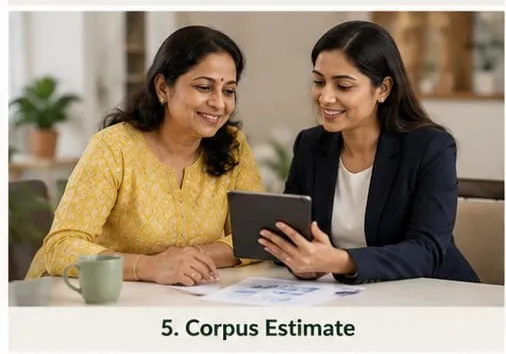 Woman reviewing retirement documents at a desk with calculator and notes.