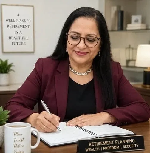 Confident woman in a modern office setting focusing on paperwork.