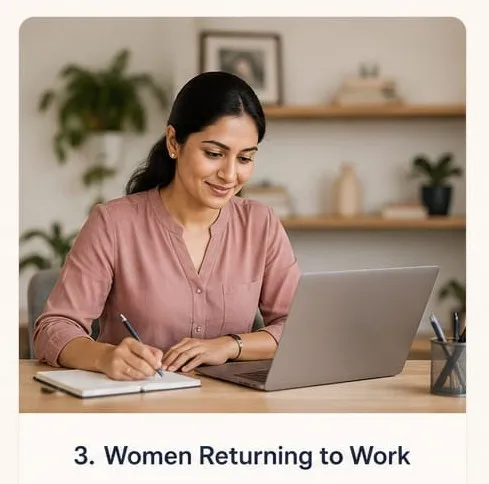 Slightly older Indian woman returning to work with laptop