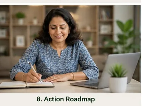 Woman mapping future milestones and retirement goals on a planner.