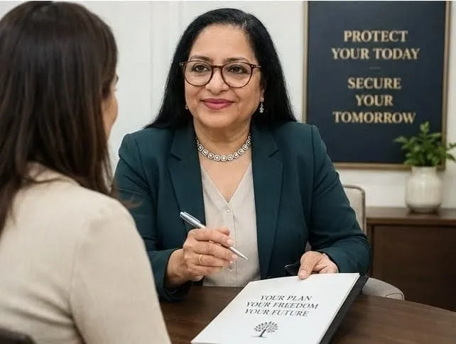 A confident senior woman stands with arms crossed, surrounded by indoor plants and a wooden desk.