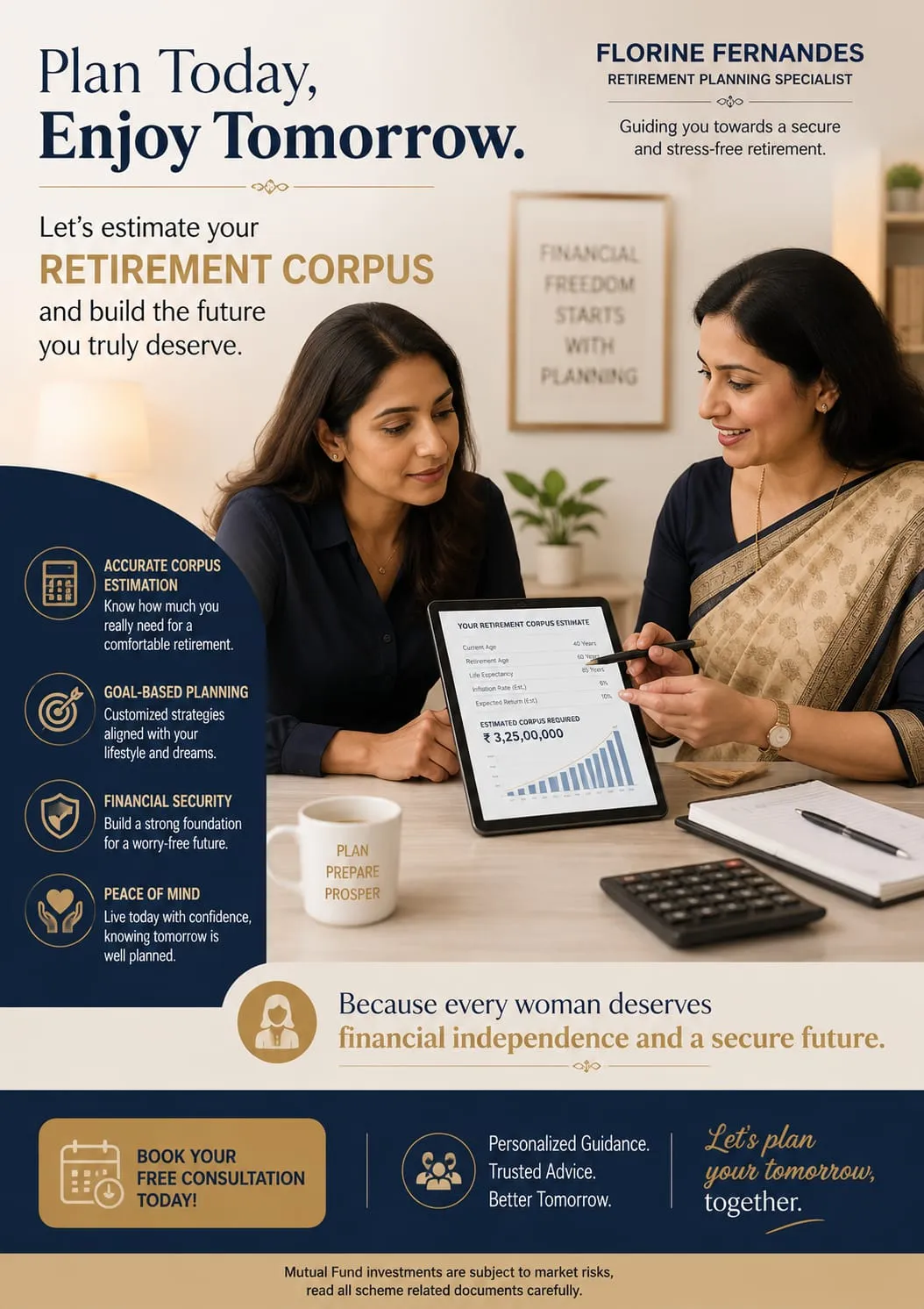 Professional woman reviewing retirement corpus estimates on a laptop with financial notes