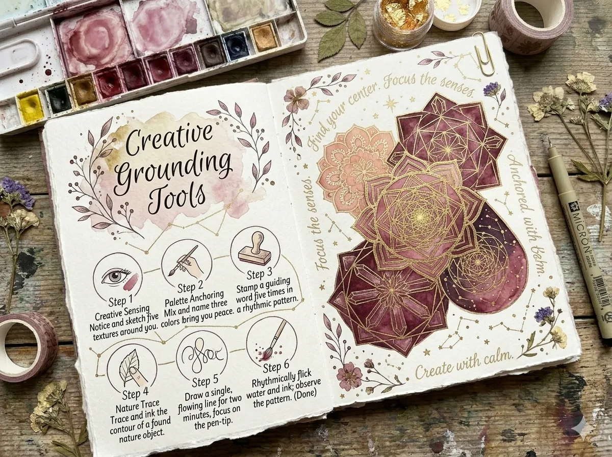 Hands arranging colorful paint swatches and creative tools on a desk