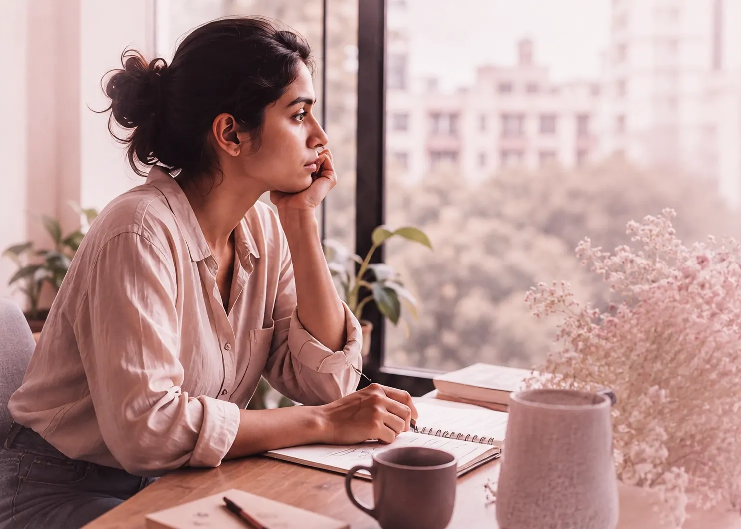 Mid-career woman reflecting thoughtfully while managing burnout and self-doubt