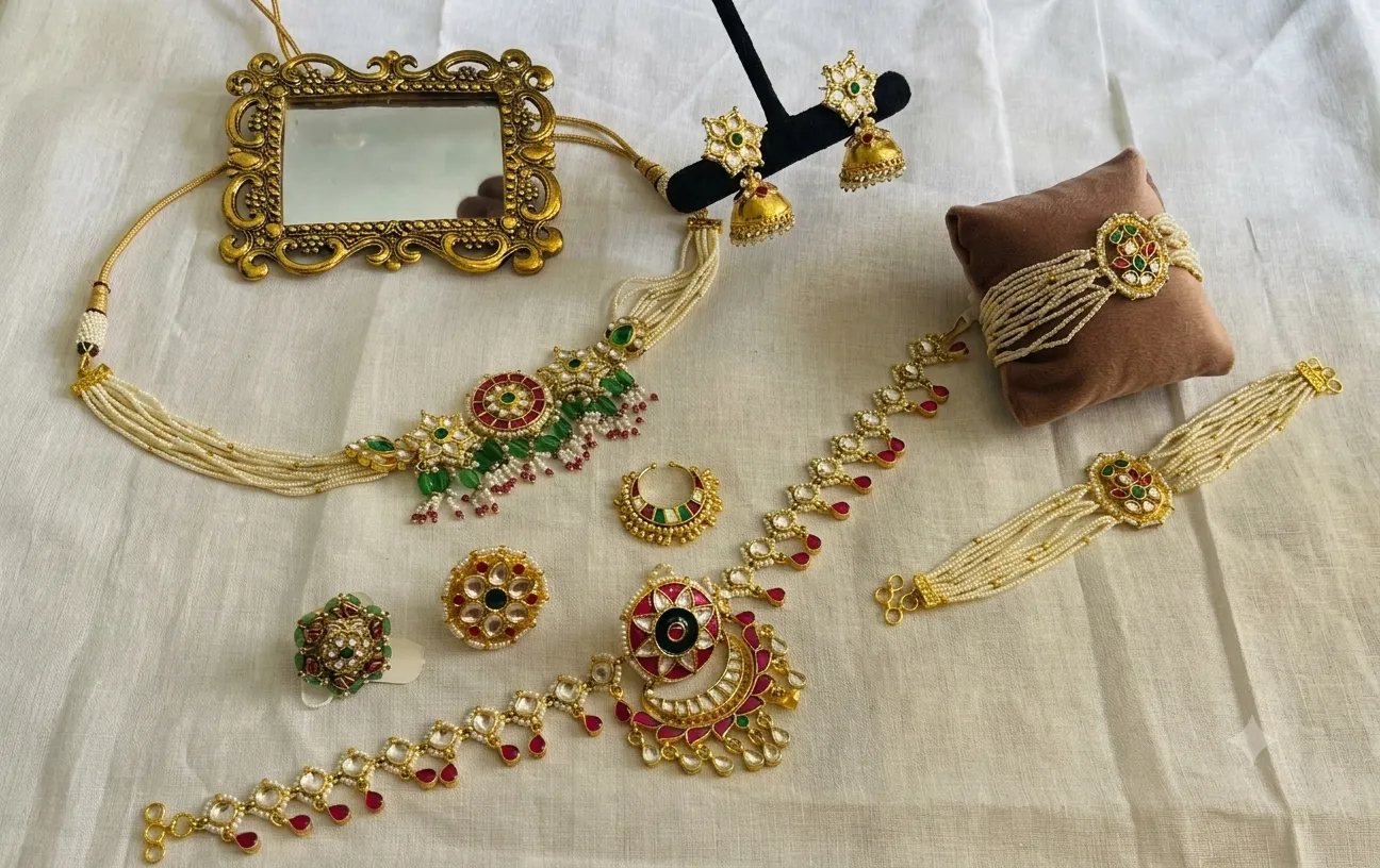 Artistic display of gold jewelry and embellished shoes, perfect for weddings.