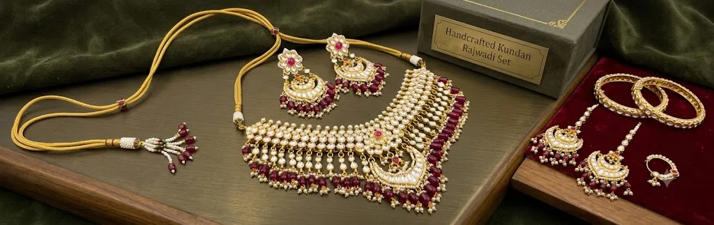 Elegant traditional Kundan necklace and earrings set with blue gemstones, perfect for cultural events.