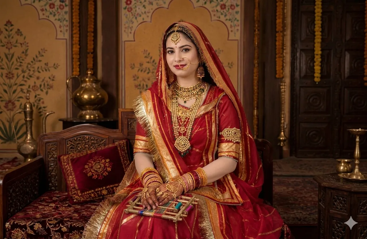 Elegant Indian female wearing traditional sari with nathi nose ring and luxury accessories looking at camera