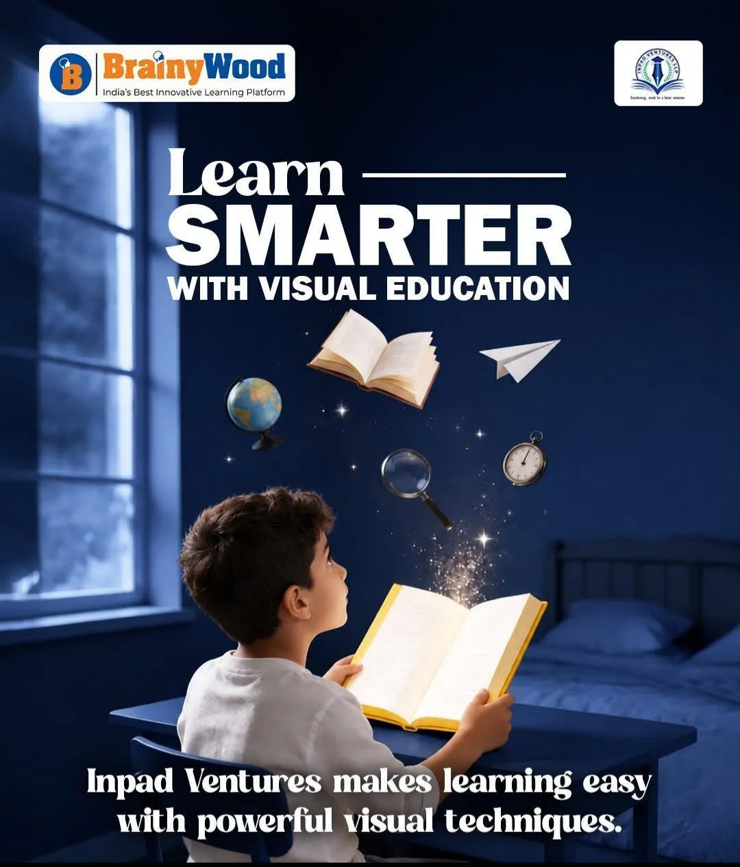 A young girl holding a notebook stands confidently in a modern classroom setting.