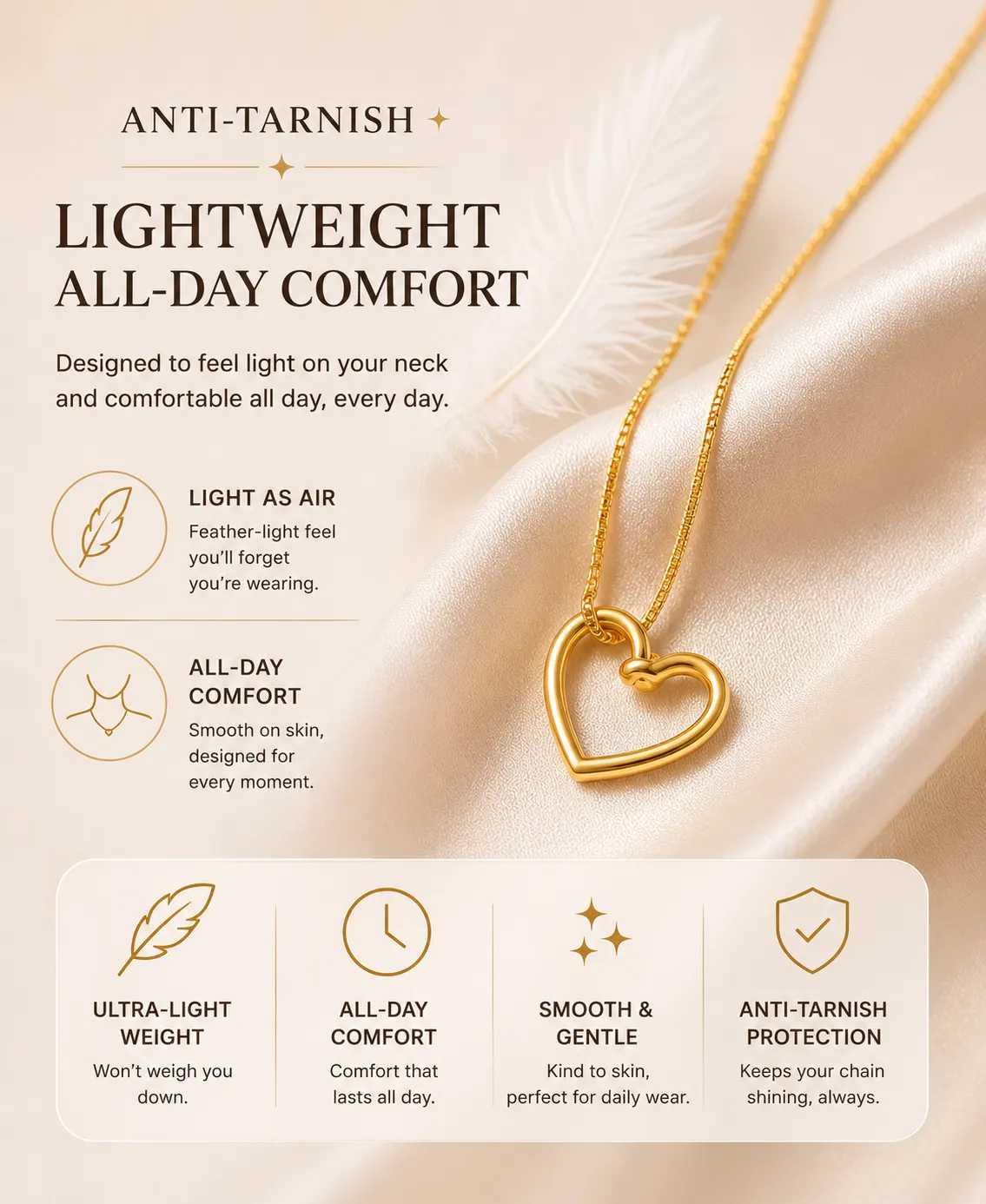 Woman wearing a lightweight anti-tarnish necklace comfortably throughout the day