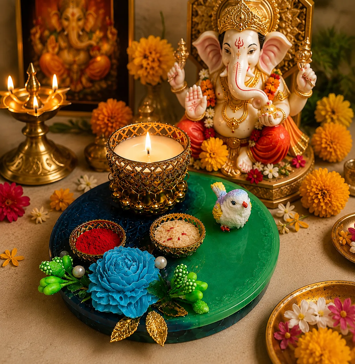 Diwali Resin Pooja Platter handcrafted premium resin art by House of Art