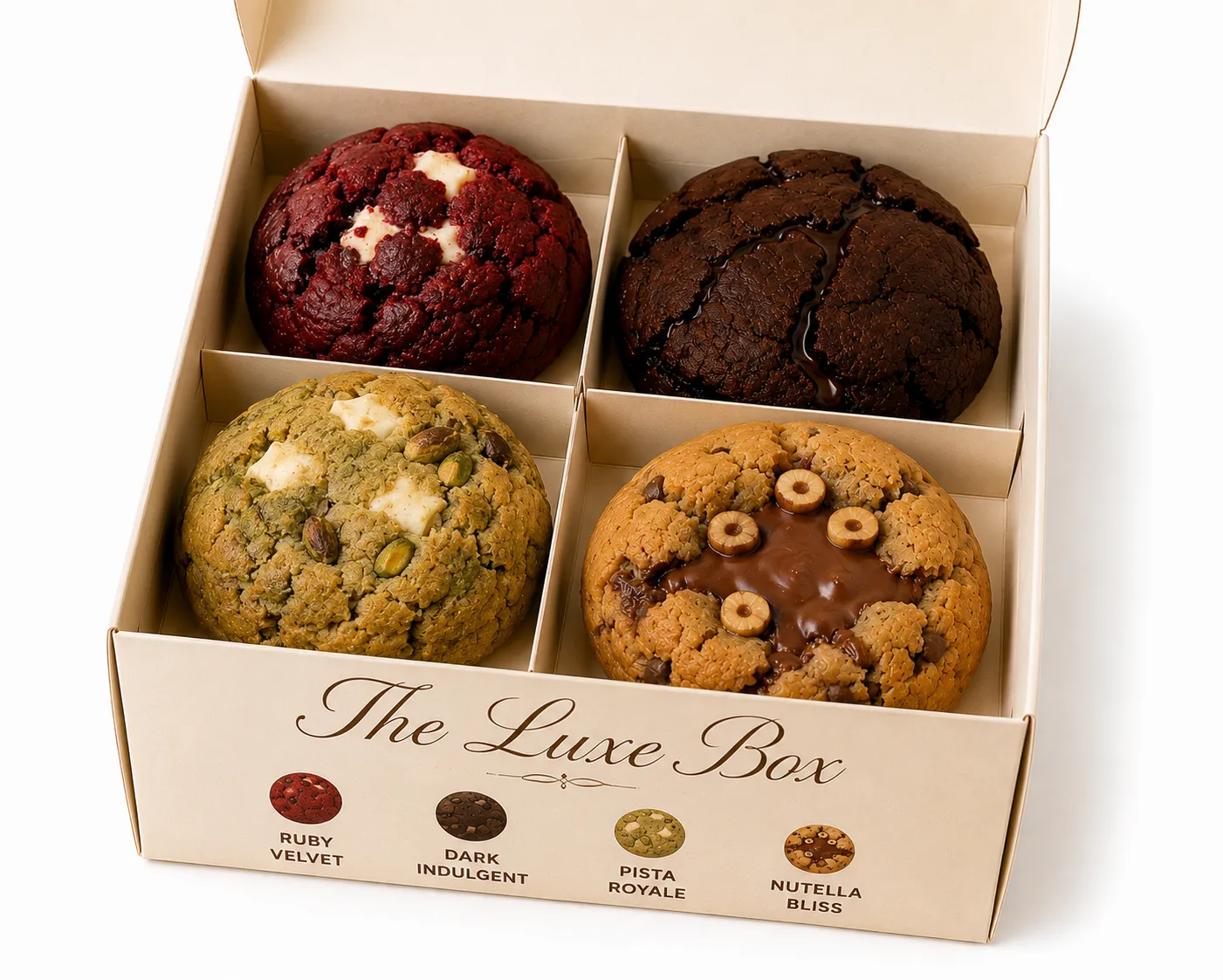 Colorful holiday cookies featuring various flavors and designs in a gift box.