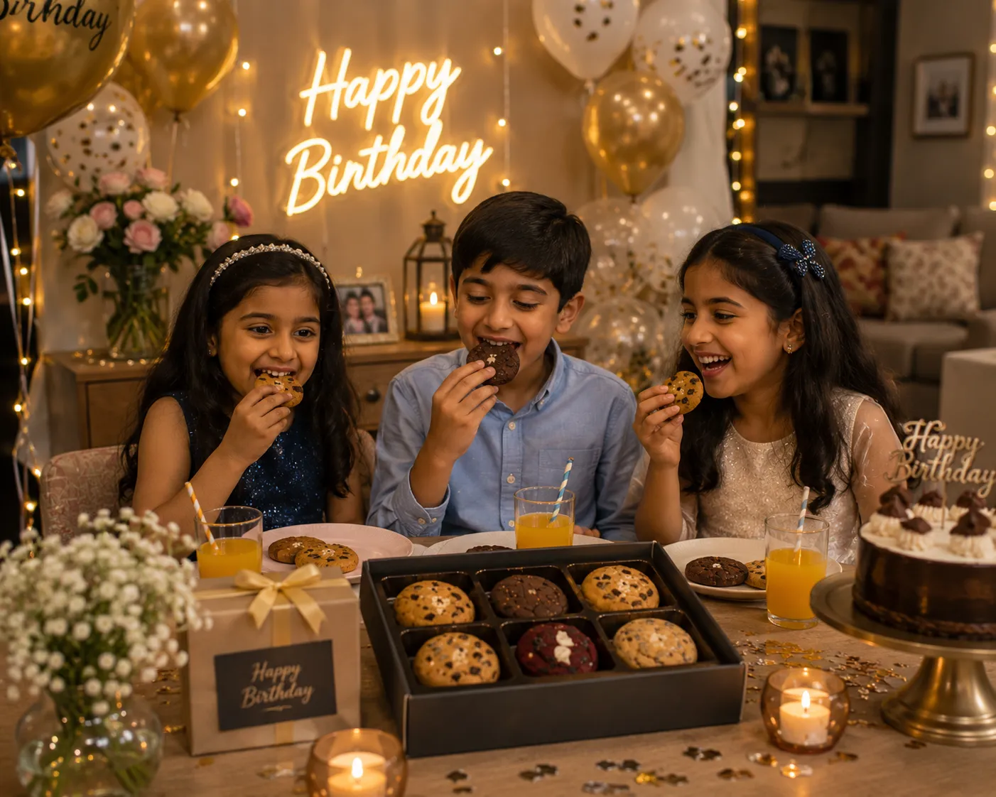 A joyful senior couple celebrates a 55th birthday with a cake at home, surrounded by warm candles.