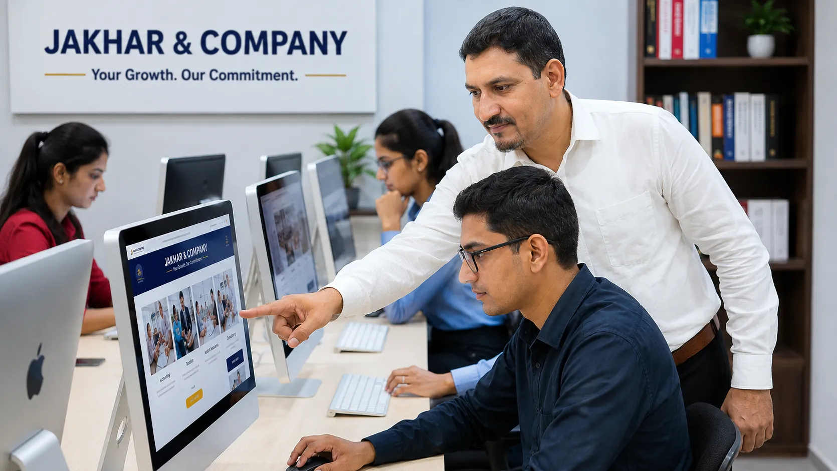 Students and teacher collaborating in a computer lab, discussing digital content.