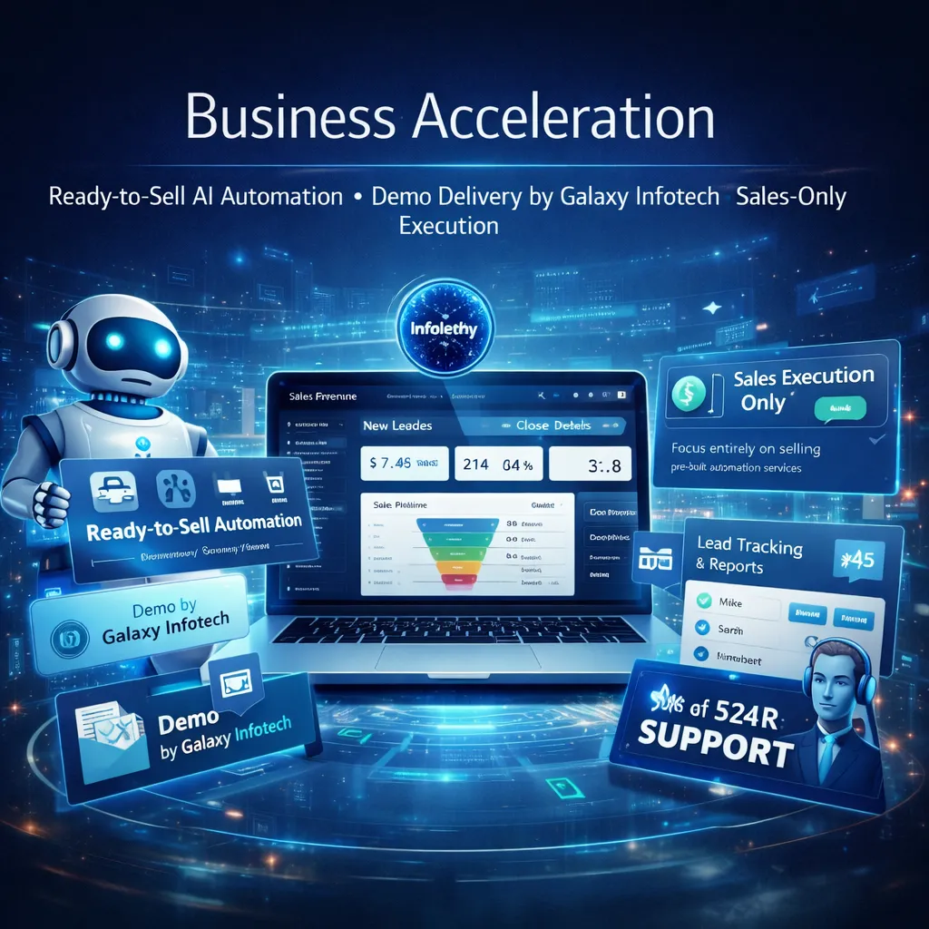 Business accelerator dashboard showing sales closed, demo requests, and growth progress
