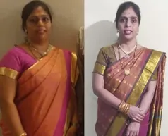 A happy woman shows off her weight loss success in studio setting.