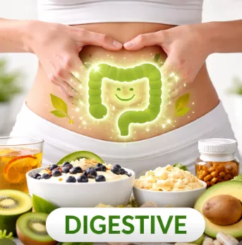 An elegant arrangement of health supplements on a white background with a tropical fern leaf.