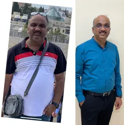 A woman shows her weight loss by holding oversized jeans revealing her toned stomach.