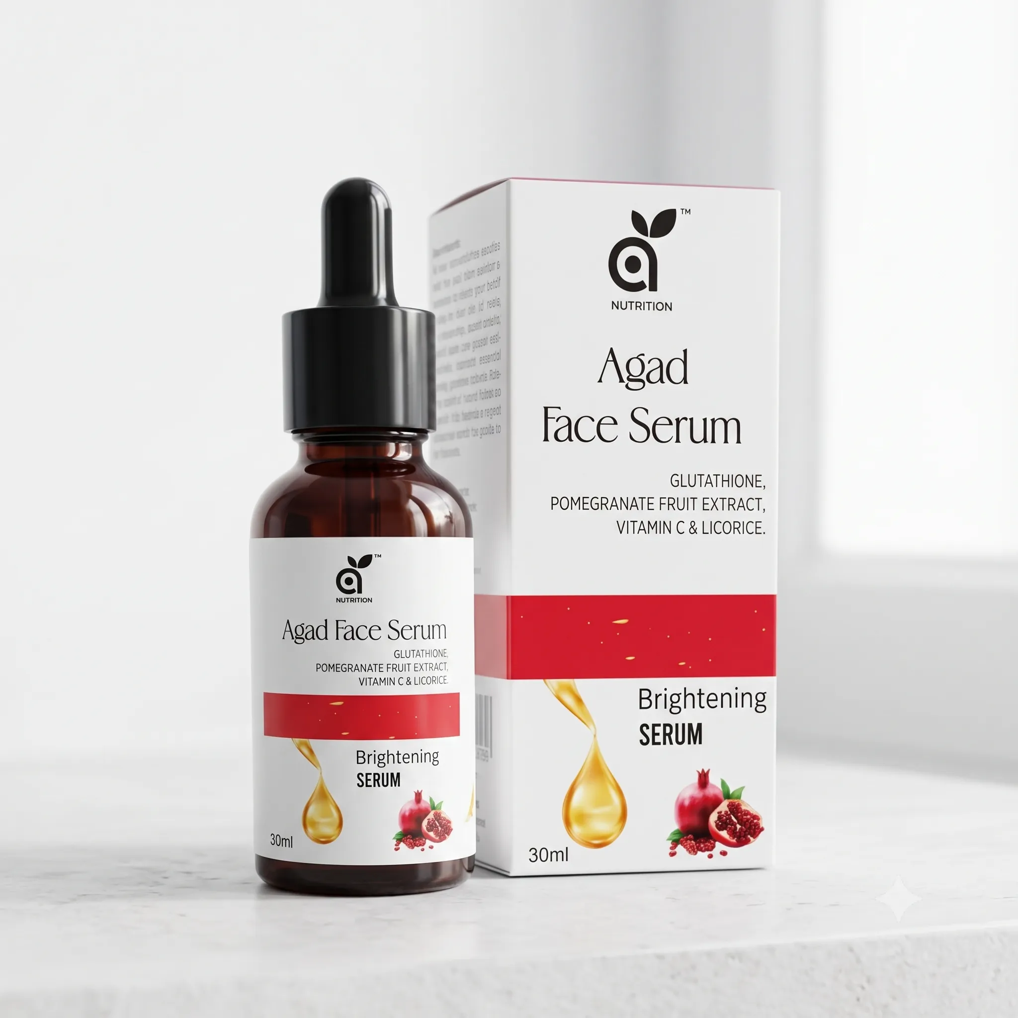 Three cosmetic serum bottles displayed on a marble surface under natural lighting, showcasing product design.