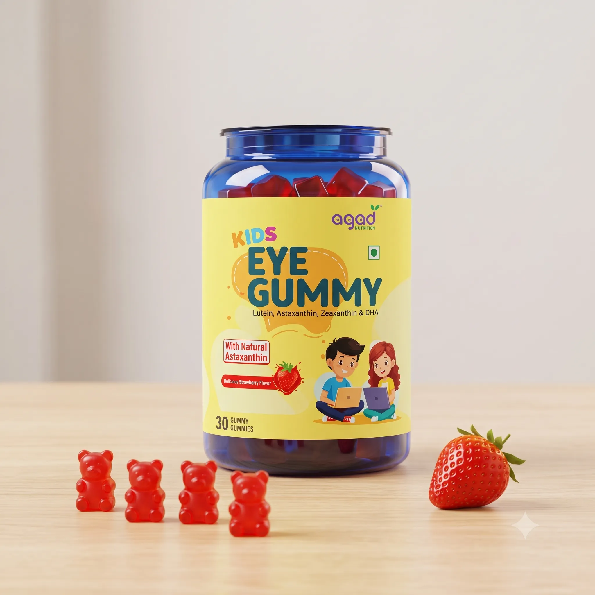 Clear bottle with red gummy vitamins on a pink background, emphasizing product simplicity.