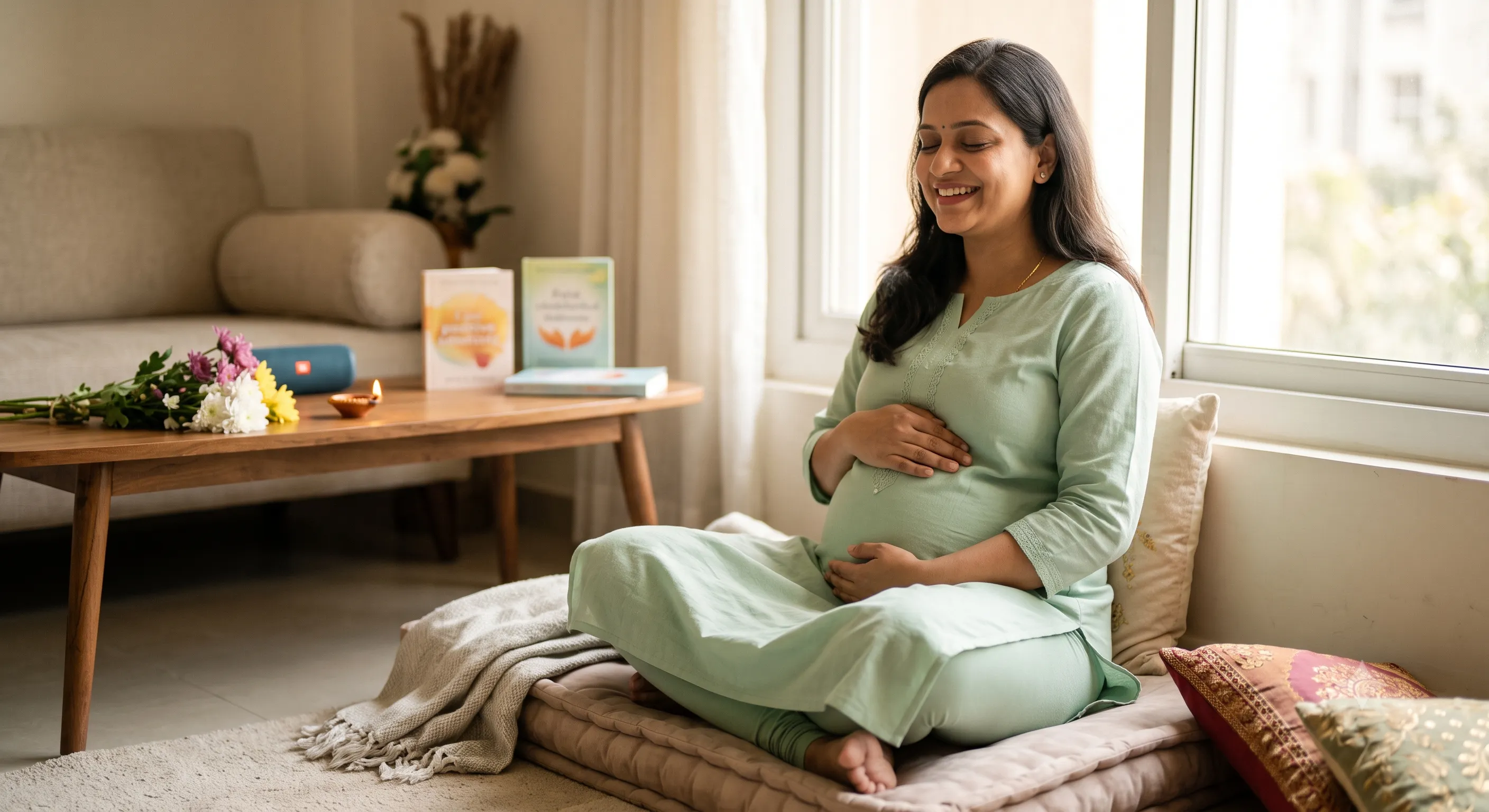 Mother lovingly holding her baby bump