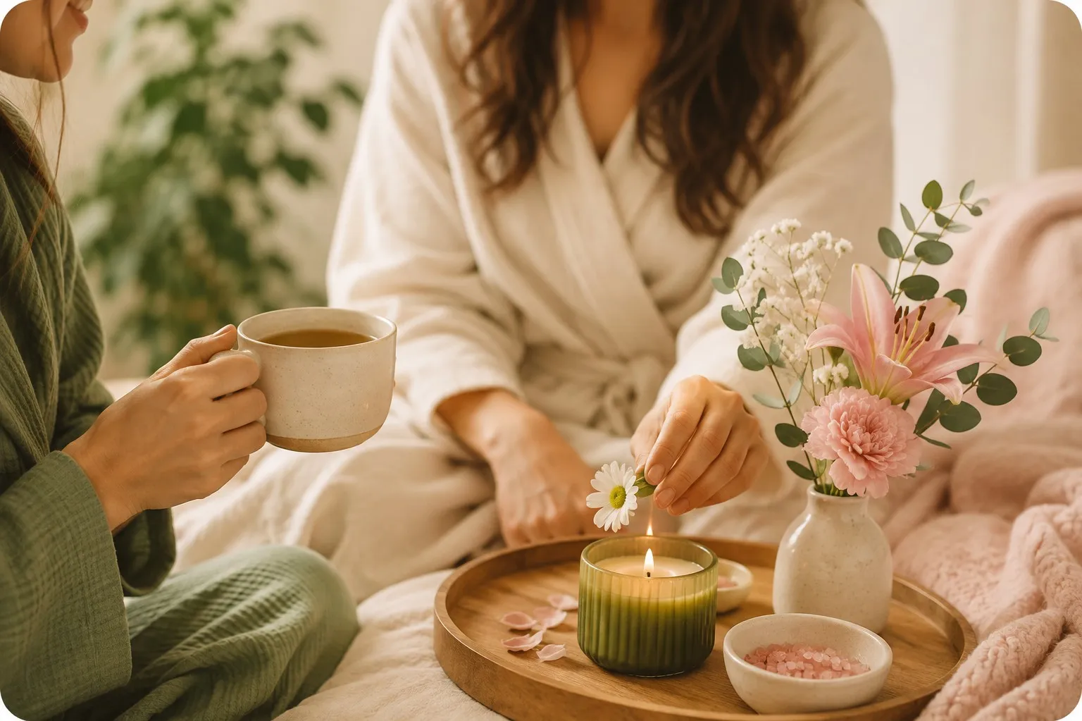 Two women practicing mindfulness with tea in a tranquil outdoor setting, surrounded by nature and a Buddha statue.