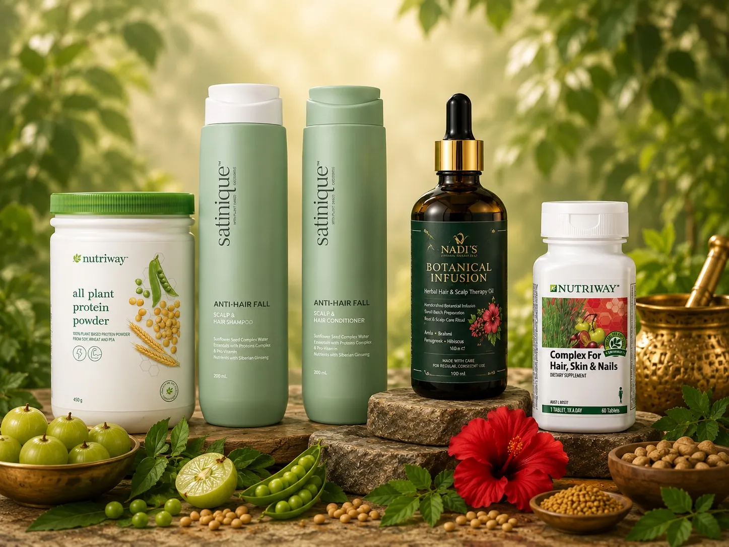 Complete Hair Wellness Bundle with oil, shampoo, conditioner, protein powder and supplement