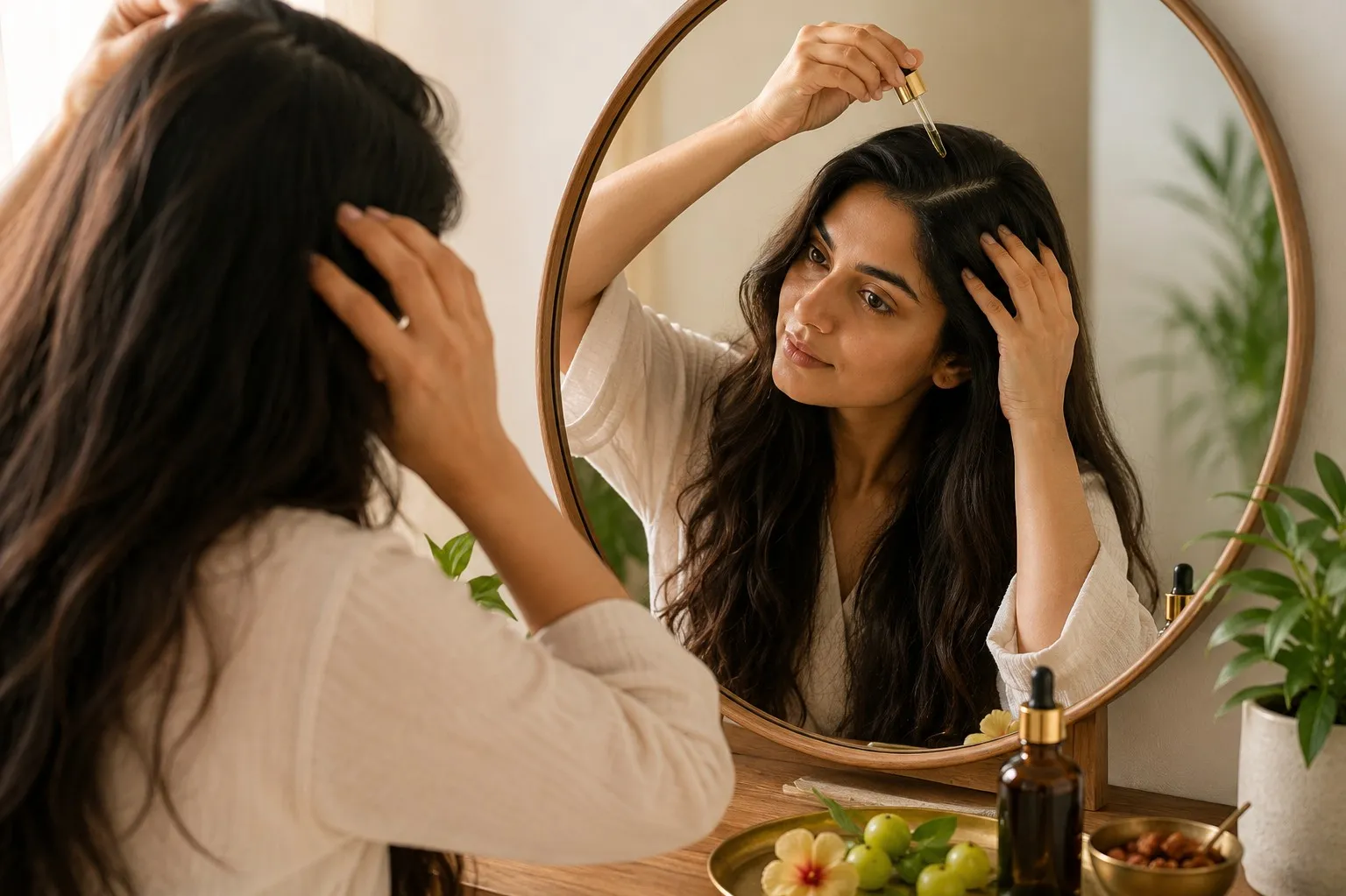 Botanical hair oil ritual with scalp massage, amber dropper bottle, and warm natural light