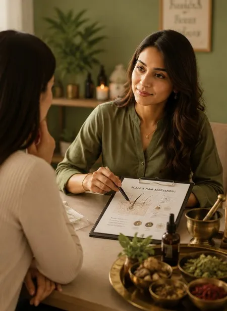 Wellness consultation setting with scalp-care discussion and botanical products