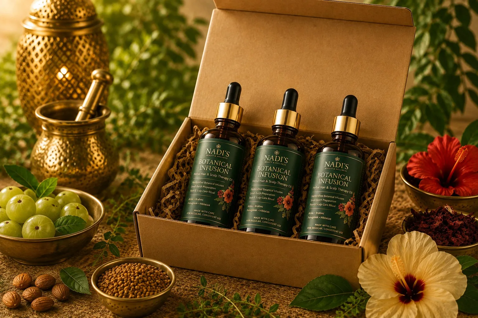 Three Nadi’s Botanical Infusion bottles in a natural kraft box