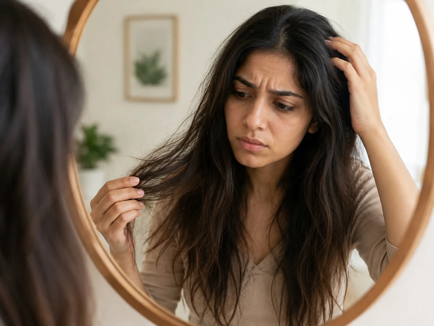 Wellness-focused hair care ritual with herbal oil, wooden comb, water, and botanical ingredients in warm natural light