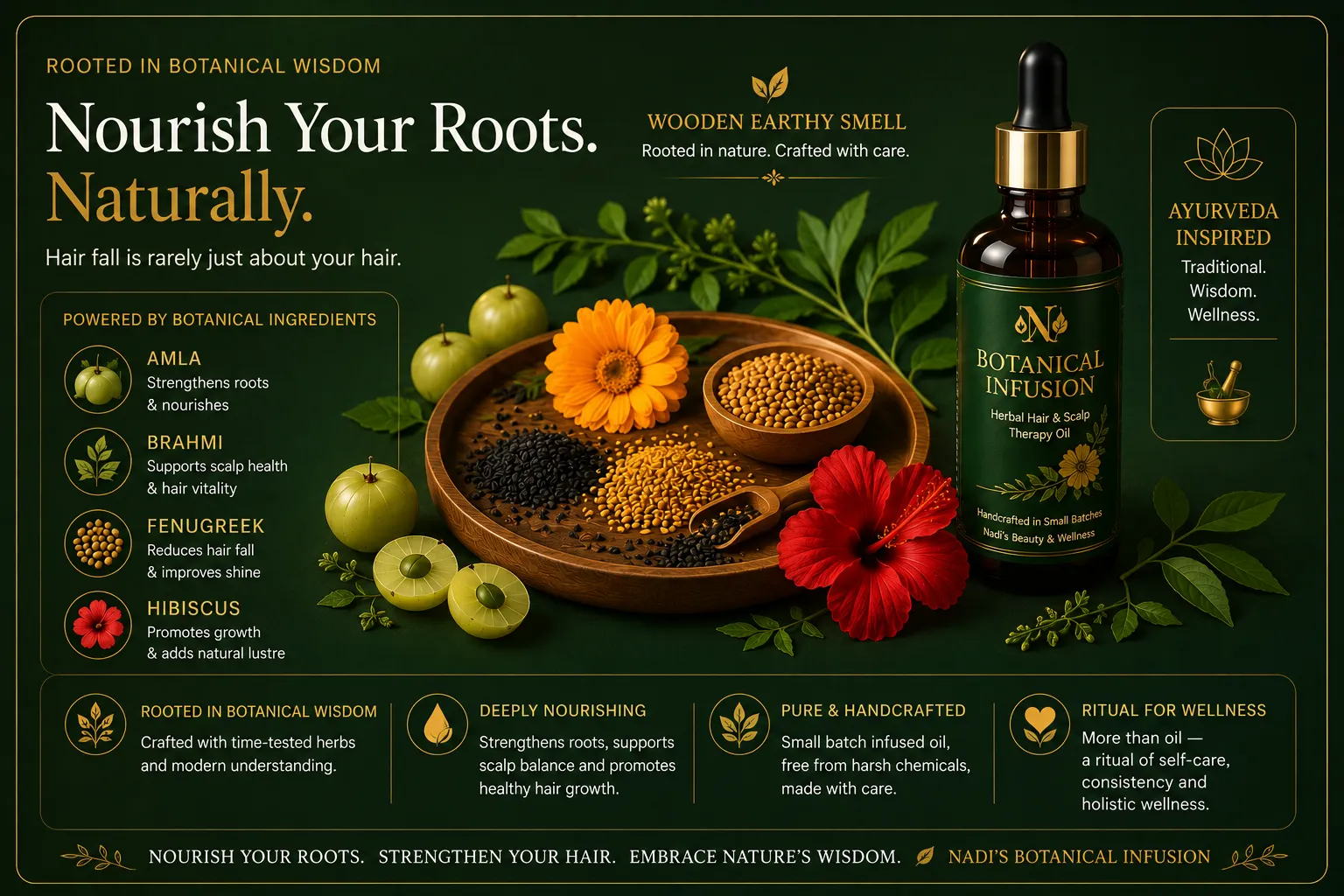 Amber Botanical Infusion dropper bottle with deep green and gold label, surrounded by amla, hibiscus, fenugreek, and botanical leaves on natural wood in warm golden light