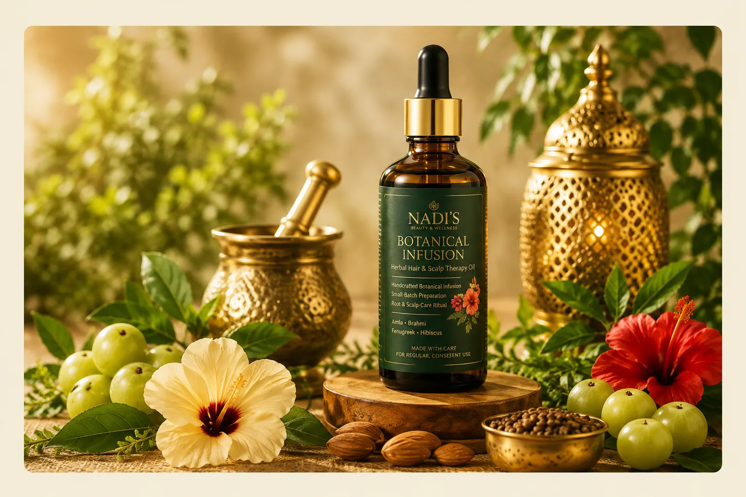 Amber Botanical Infusion dropper bottle with botanical herbs on natural wood in warm golden light
