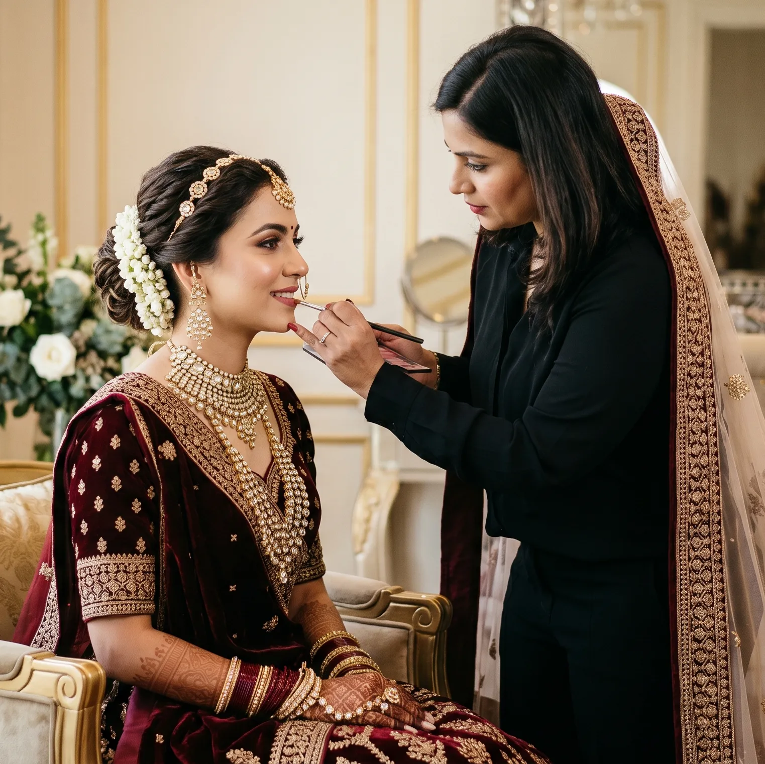 A serene, luxurious Sreeyas bridal transformation: the bride is enveloped in soft golden light, surrounded by elegant interiors and plush textures, her radiant look crafted with personalized care and expert artistry—capturing the essence of beauty, tranquility, and bespoke indulgence.