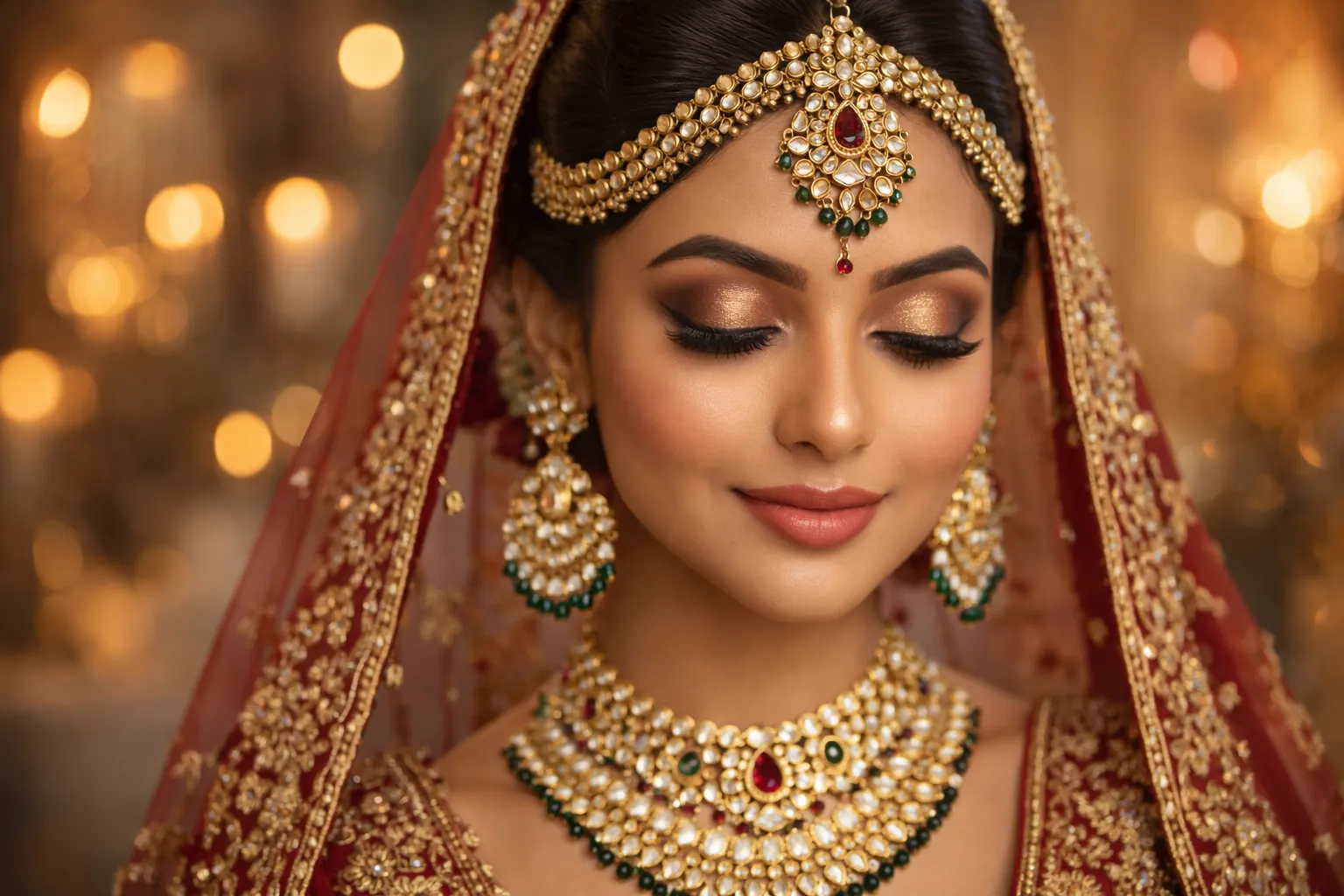 Bridal makeup close-up with traditional jewelry
