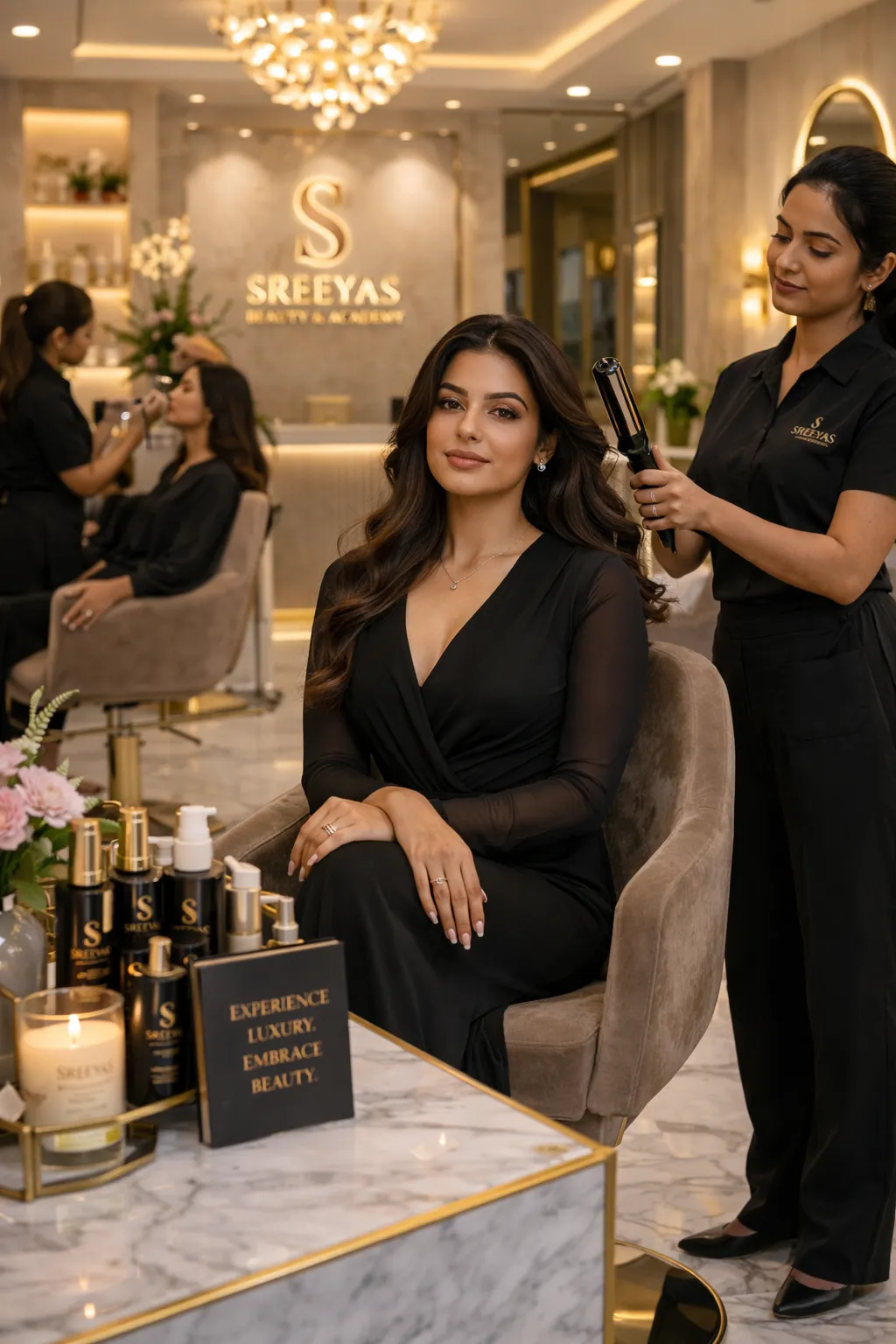 Luxury salon interior with stylist at work