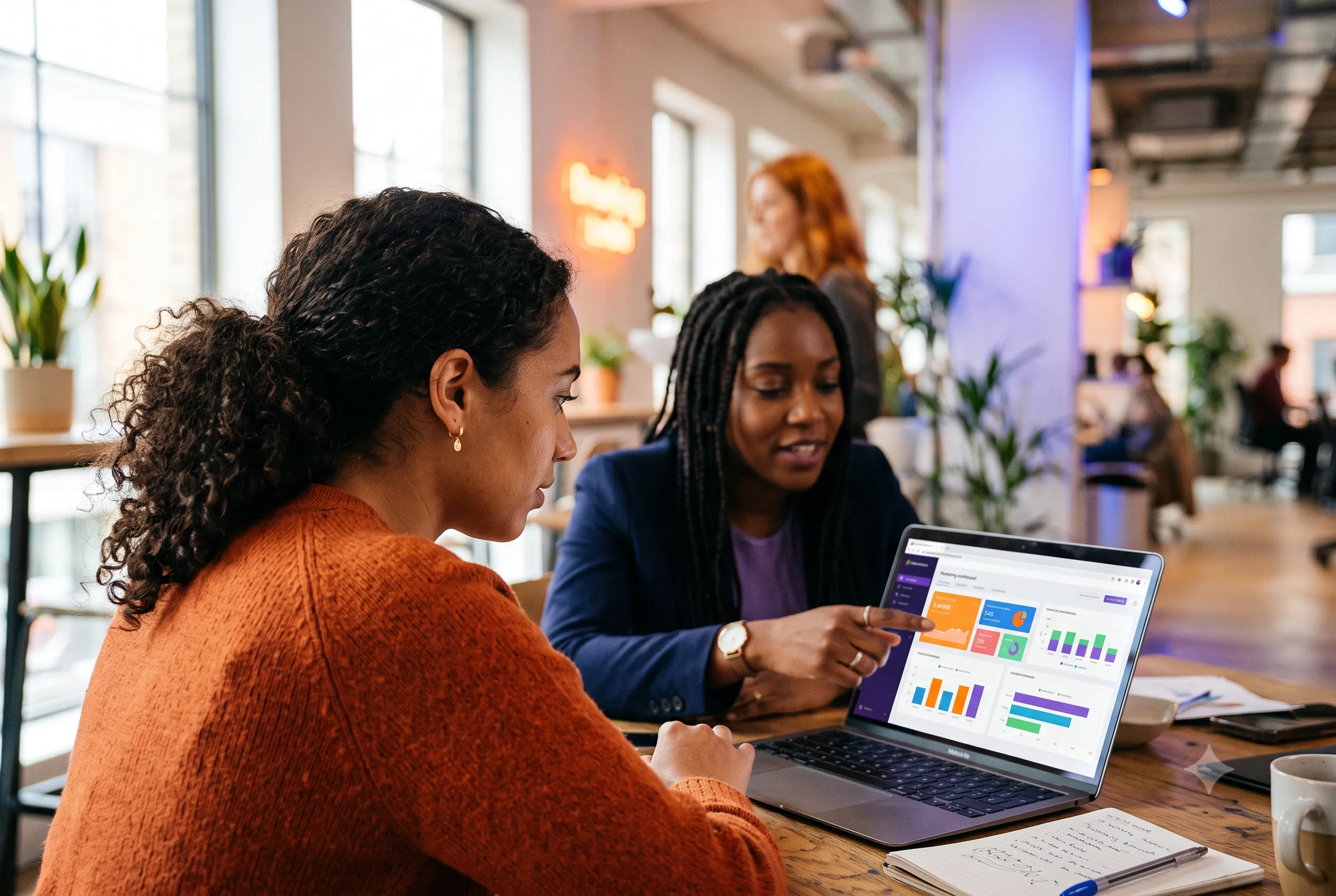Marketing team reviewing campaign performance dashboards