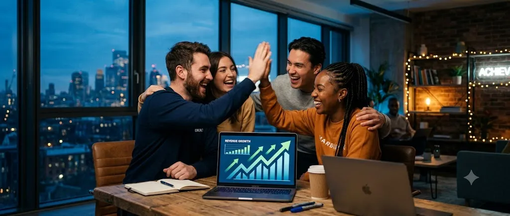 Marketing team celebrating a campaign result